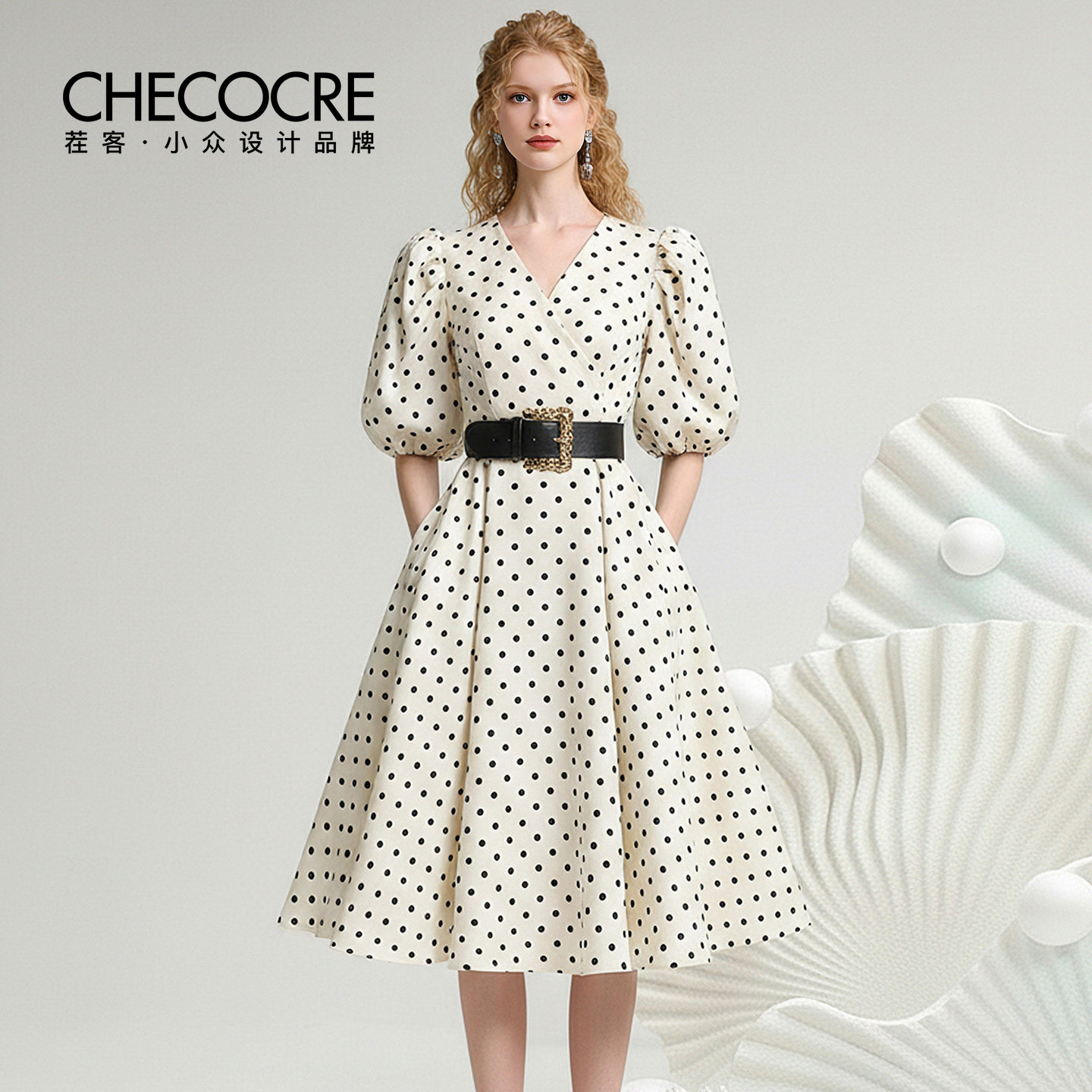 茬客【法式午后】法式优雅风连衣裙26夏新款V领腰带灯笼袖波点裙