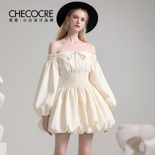 浅杏色一字肩裙 浪漫甜美风连衣裙2026春新款 茬客茬客 奶油甜愈