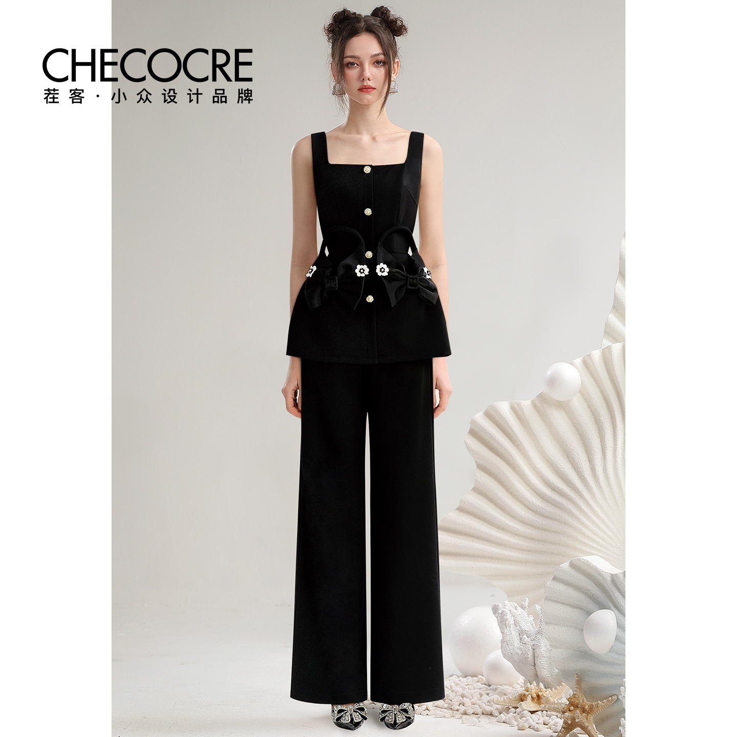 茬客时髦气质设计感背心上衣长裤