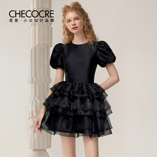 茬客【黑纱夜曲】暗黑甜酷风连衣裙26春新款圆领泡泡袖多层蛋糕裙