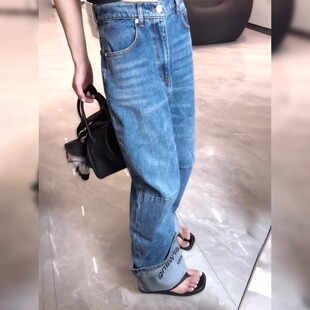 大码美式复古字母刺绣牛仔裤子女夏季新款梨型身材高腰遮跨阔腿裤