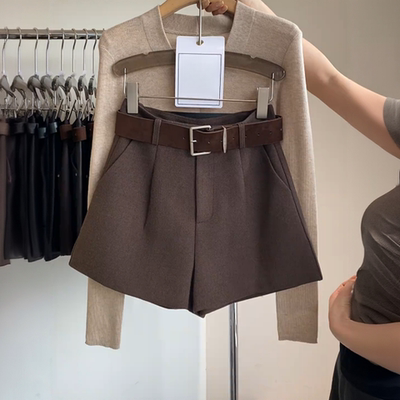 大码复古毛呢休闲裤女阔腿短裤子