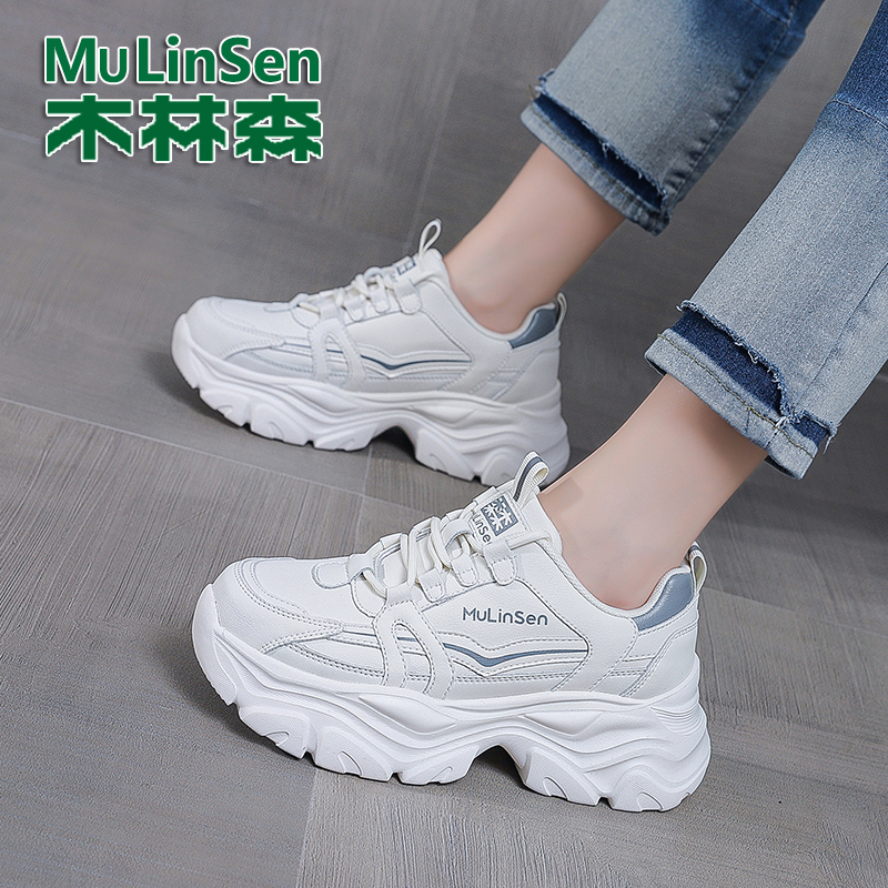 木林森真皮女鞋增高老爹鞋女新款