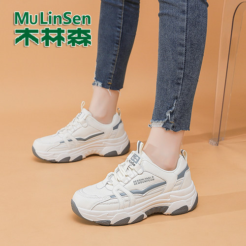 木林森女鞋真皮厚底运动老爹鞋女