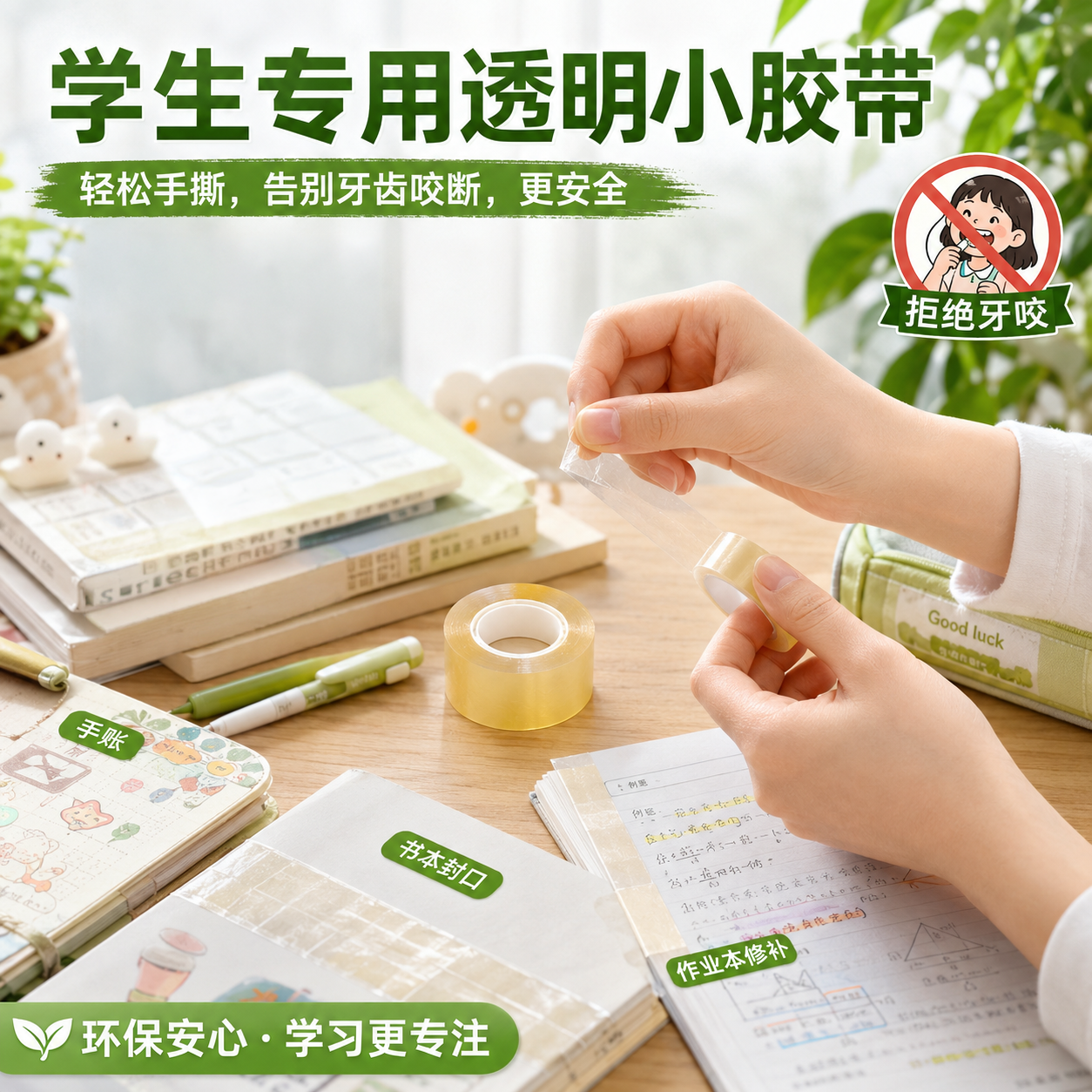 新星可降解学生小胶带12mm1.8cm宽透明无味易撕文具办公交代条防静电修补书粘贴封口打包外贸植物基绿色胶布