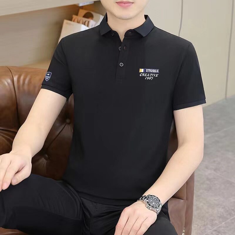 珠地布polo衫男士短袖t恤印花夏季潮牌纯色徽章男生翻领半袖体恤T
