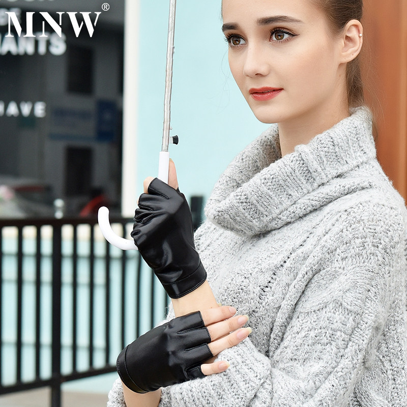 女士头层羊皮真皮半指手套软羊皮半指漏指手套