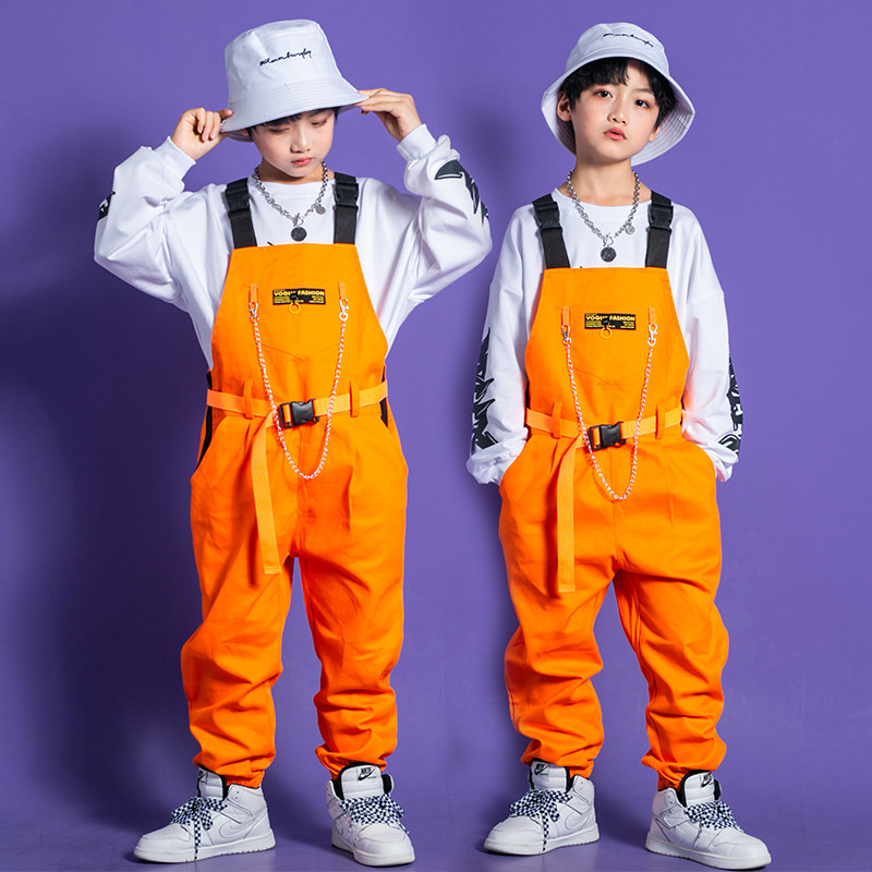 男童hiphop街舞服帅气女童工装背带裤走秀爵士舞演出儿童嘻哈套装
