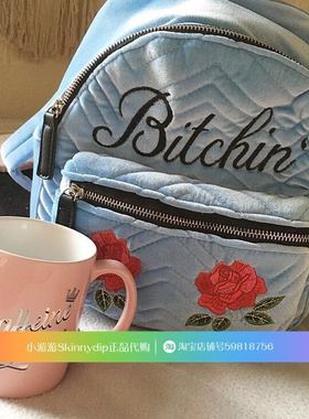 现货 特 正品SKINNYDIP淡蓝丝绒面玫瑰花刺绣BITCHIN双肩背包书包