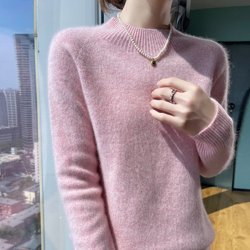 秋冬女100%羊毛无缝半高领毛衣