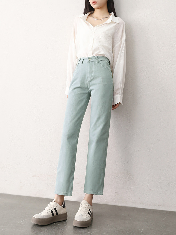 HIPPIE GIRL TENCEL STRAIGHT JEANS WOMENS 2024 AUTUMN NEW SMALL MAN SKINNY GREEN CROPPED PIPE PANTS