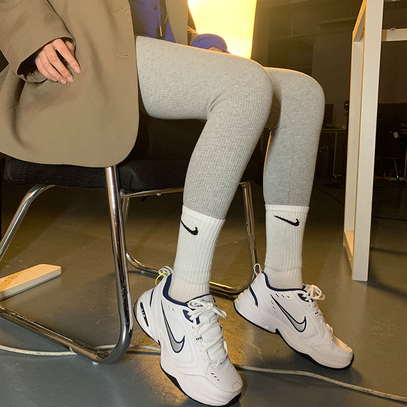 2020新款打底裤女内外穿灰色薄款螺纹裤纯棉竖条纹春秋季紧身裤子