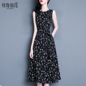 雪纺碎花连衣裙2026春夏新款气质修身无袖背心裙中长款黑色小黑裙