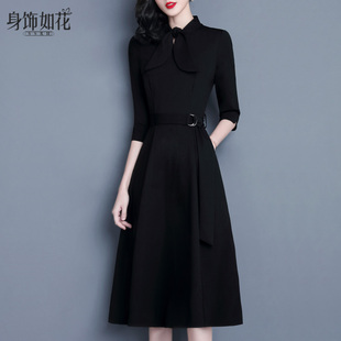 连衣裙 黑色打底长袖 加绒加厚2022秋冬新款 A字裙气质小黑裙中长款