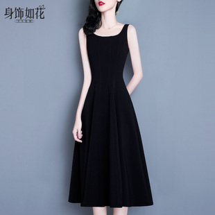 吊带连衣裙2026春夏新款 a字裙中长款 黑色无袖 小黑裙 气质名媛修身