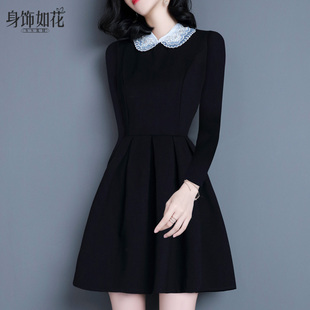 小黑裙娃娃领黑色打底裙 冬A字裙长袖 气质连衣裙2022秋冬新款 修身