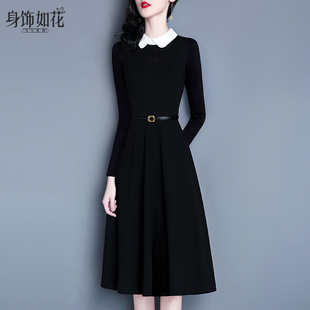娃娃领小黑裙2025秋冬新款气质修身a字中长款撞色长袖黑色连衣裙