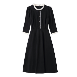 春2025秋冬新款淑女装气质A字裙小黑裙中长款拼接长袖黑色连衣裙