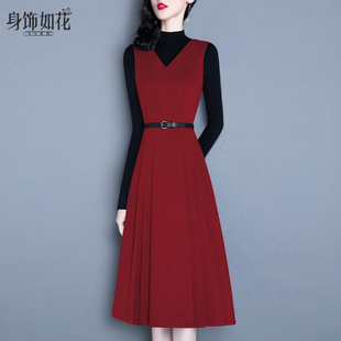 绵羊毛2025秋冬新款气质修身背心裙中长款V领红色无袖毛呢连衣裙