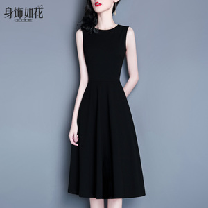 小黑裙2025春秋新款秋淑女气质修身A字背心中长款无袖黑色连衣裙