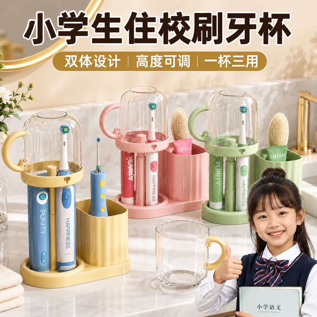 小学生住校女生带盖刷牙漱口杯