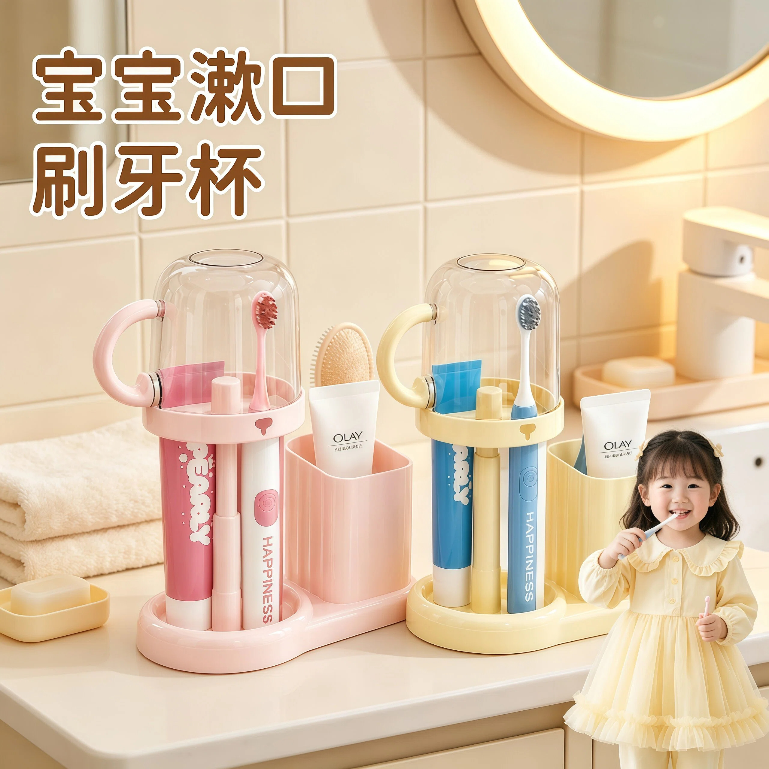 宝宝女童带盖漱口杯牙刷牙杯