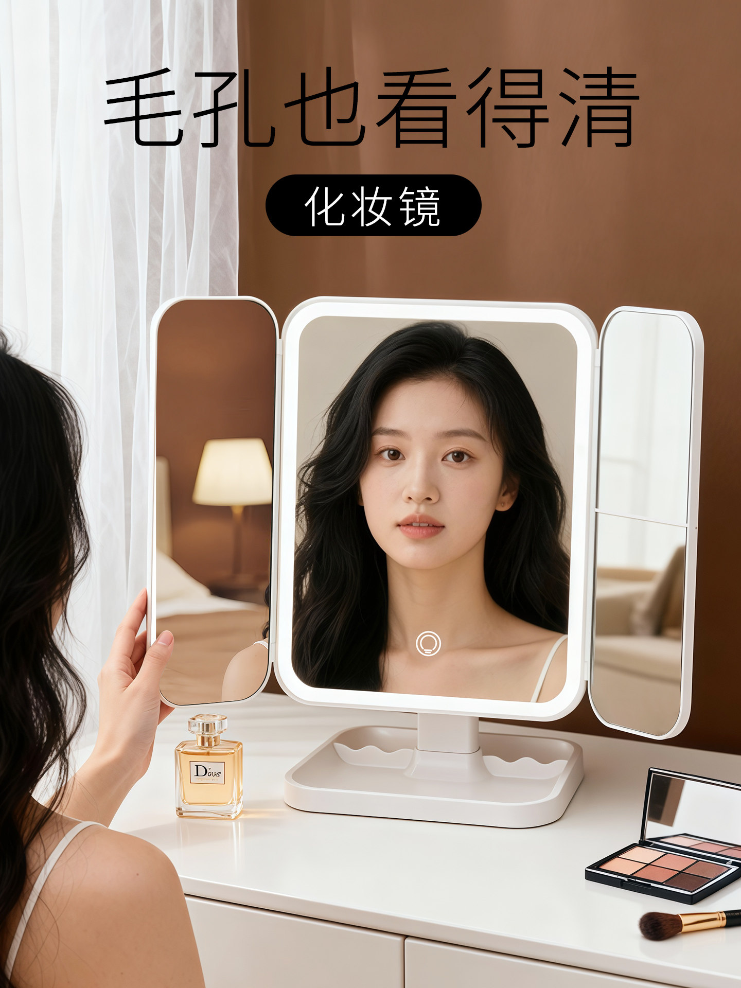 化妆镜led带灯镜子折叠桌面台式可立学生宿舍家用放大梳妆美妆镜