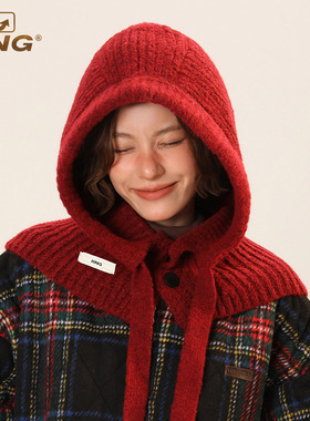 IIING帽控 圣诞新年氛围感小红帽女冬季保暖显脸小巴拉克拉法帽子