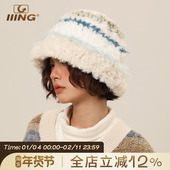 IIING帽控 复古拼色毛线帽子女秋冬新款 显脸小毛绒渔夫帽保暖盆帽