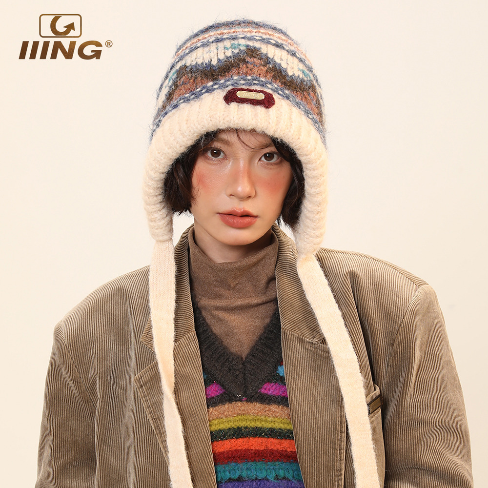 费尔岛风针织套头帽帽子包包两用