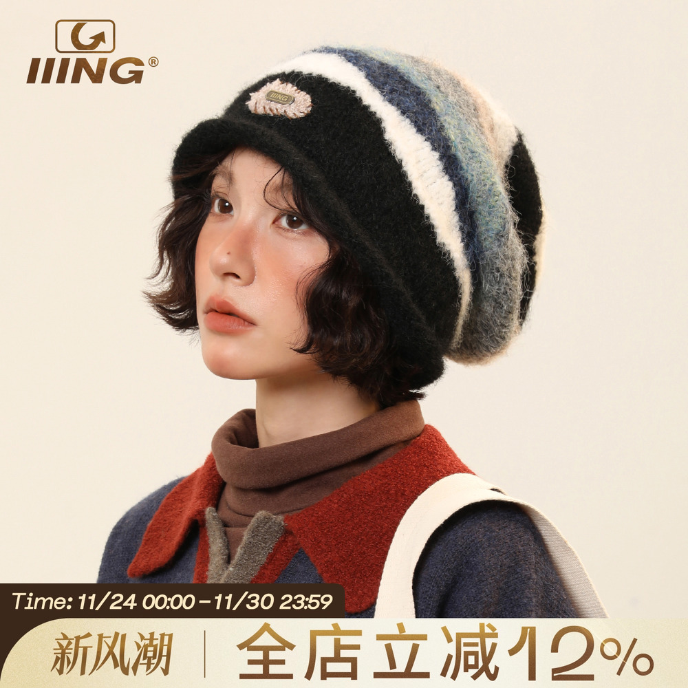 IIING帽控复古条纹显脸小堆堆帽