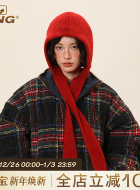 IIING帽控 红色针织帽女秋冬加厚保暖护耳毛线帽子围巾一体含羊毛