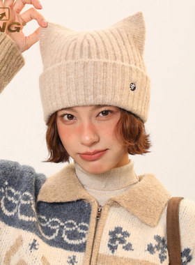 IIING帽控 韩版可爱猫耳针织帽子女秋冬百搭显脸小保暖防寒毛线帽