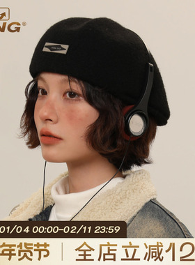 IIING帽控 黑色贝雷帽子女2025新款秋冬季立体大头围画家帽前进帽