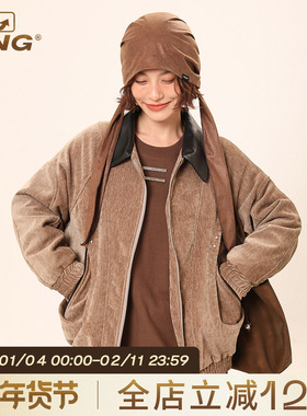 IIING 设计感PU皮翻领夹克新款宽松美式复古外套女秋冬季保暖上衣