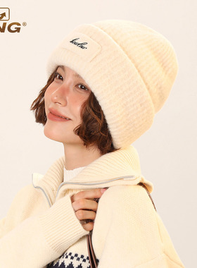 IIING帽控 双层加厚针织帽子女保暖秋冬纯色贴布大头围含羊毛冷帽