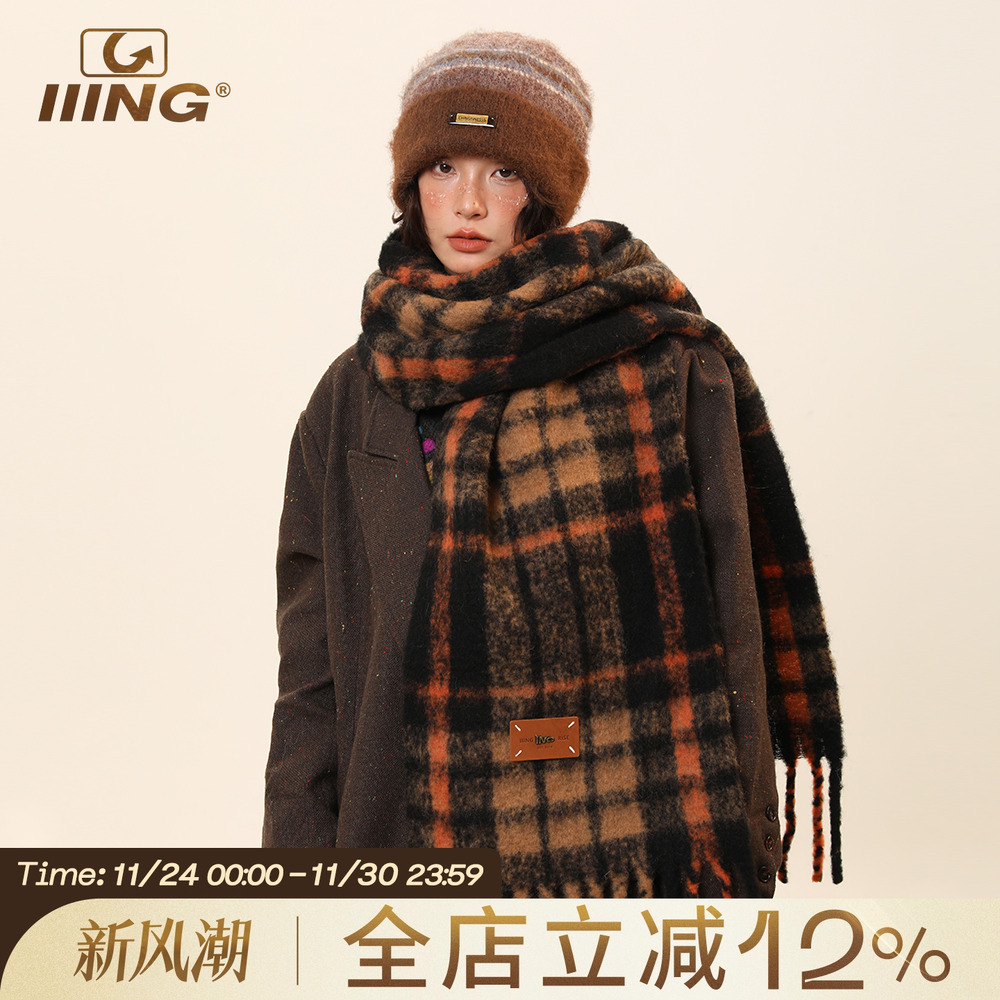 复古格子流苏保暖围巾