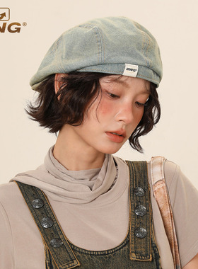 IIING帽控 复古水洗做旧牛仔前进帽子女时尚百搭显脸小反戴贝雷帽