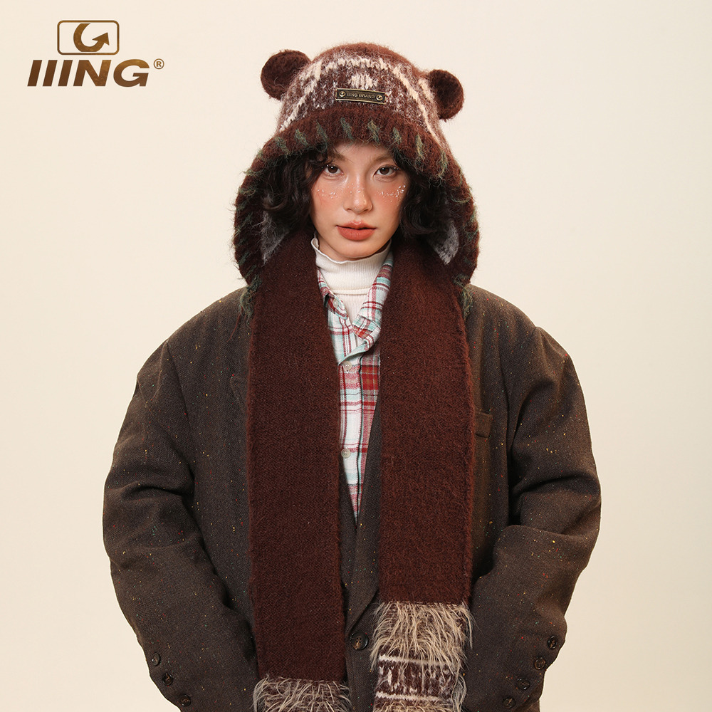 小熊耳朵针织帽子围巾两用