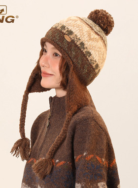 IIING帽控 秋冬费尔岛风川西旅游拍照氛围感针织护耳辫子毛线帽女