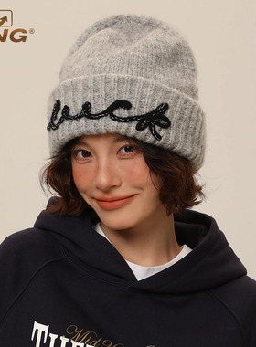 IIING帽控 秋冬季大头围毛线帽女美式复古刺绣显脸小保暖针织帽男