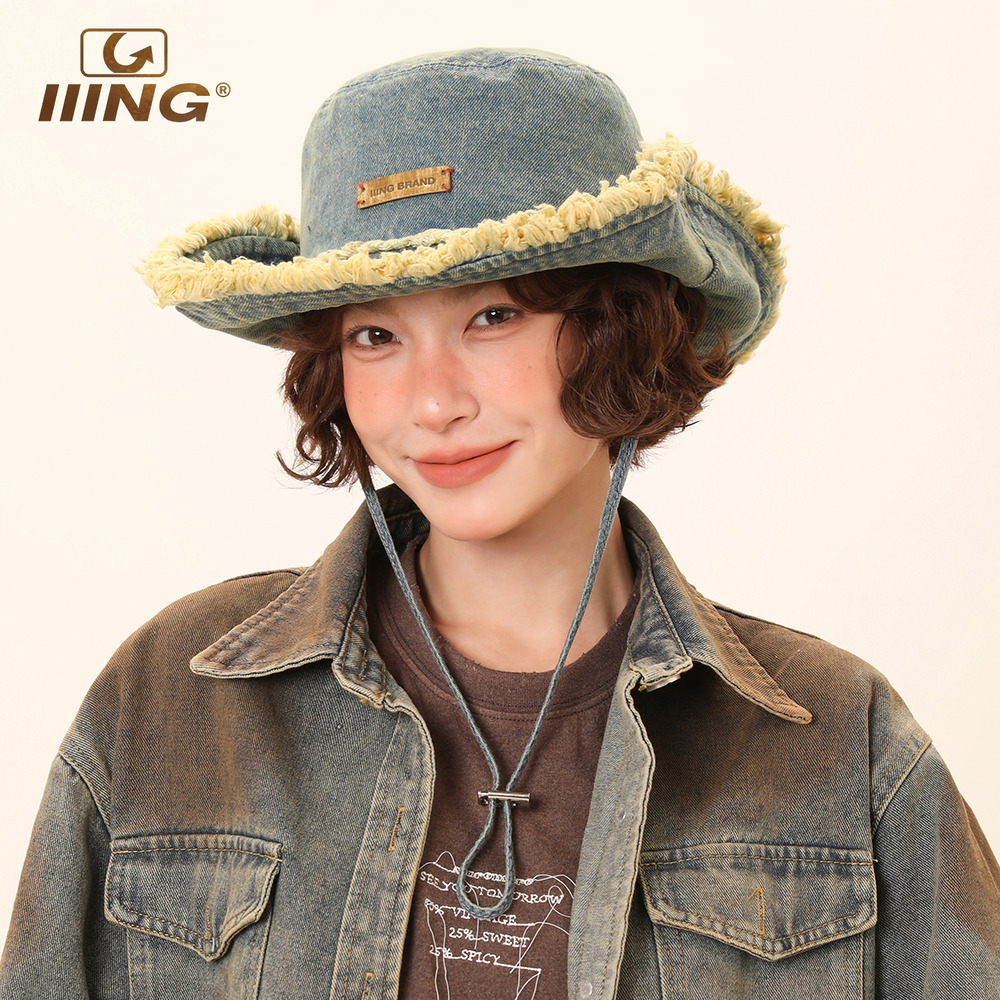 IIING帽控复古毛边牛仔渔夫帽