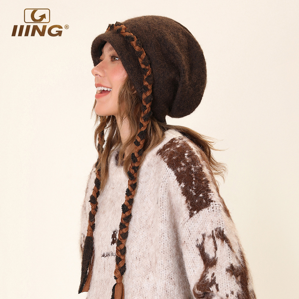 帽包两用辫子装饰针织护耳帽