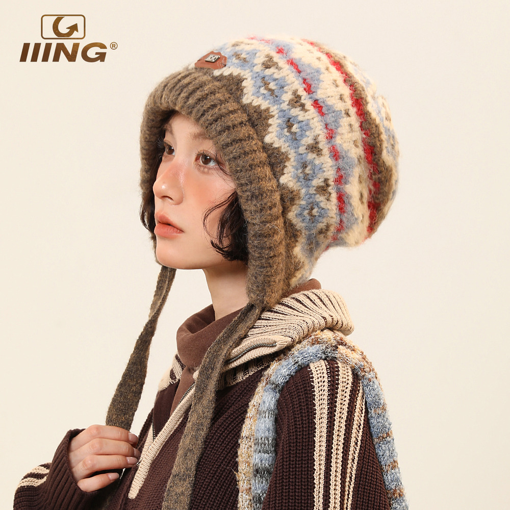 一帽两用复古提花针织包头帽