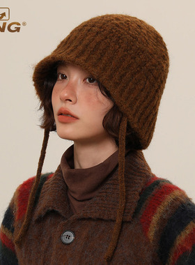 IIING帽控 显脸小毛线帽子女秋冬款保暖毛绒针织护耳帽绑带包头帽