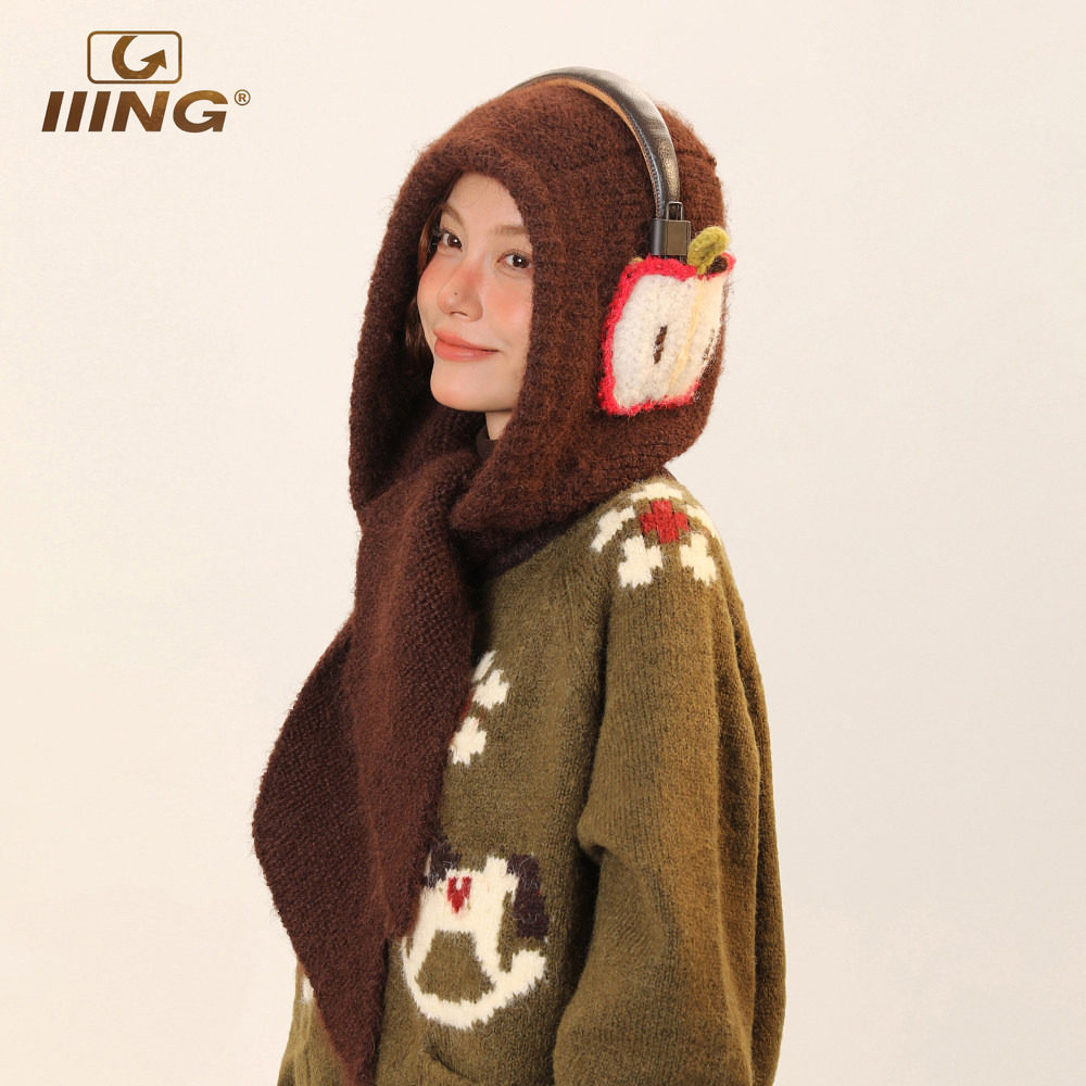 IIING帽控 个性卡通苹果耳机套手工钩织连帽围巾女冬巴拉克拉法帽
