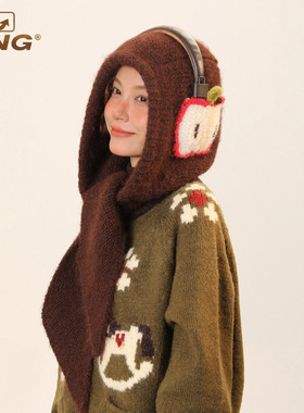 IIING帽控 个性卡通苹果耳机套手工钩织连帽围巾女冬巴拉克拉法帽