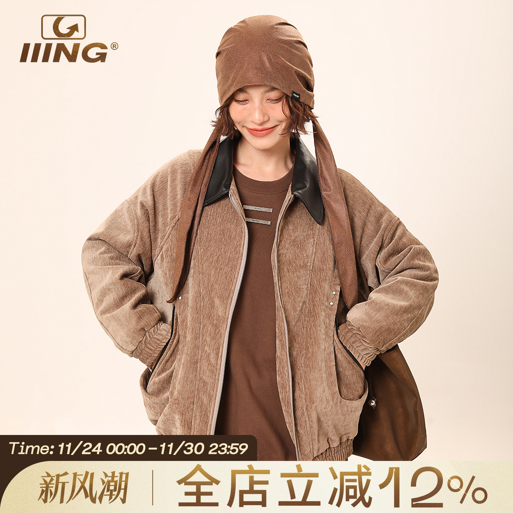 IIING设计感复古PU皮翻领夹克