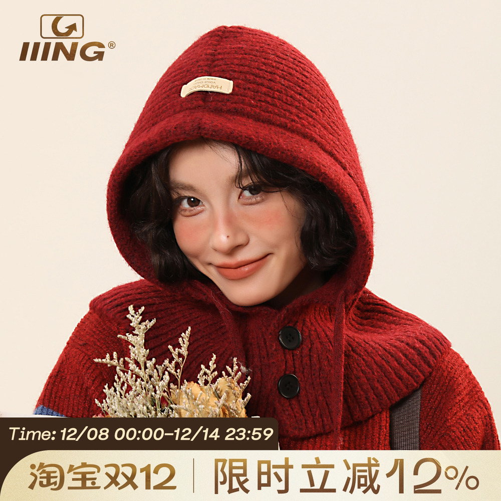 安可拉红帽子围巾一体