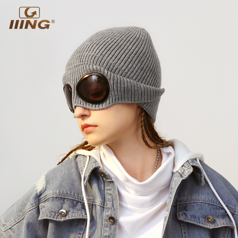 飞行员墨镜加绒防寒保暖毛线帽子